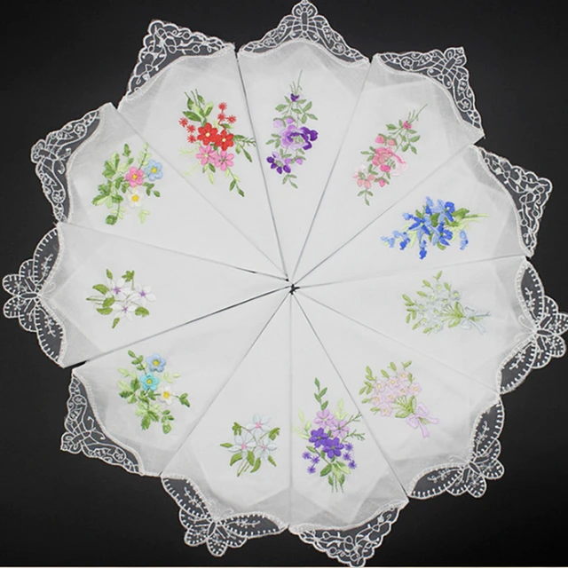 2Pcs/lotEmbroidered Handkerchief Cotton White Handkerchief, Embroidery Lace, Single Side Edge 1