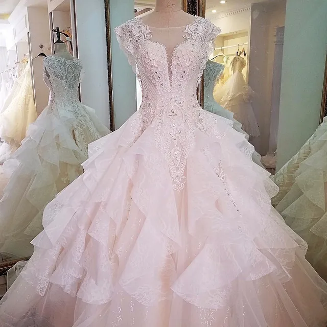 Luxury ivory wedding dress 3D flowers sleeveless beaded ball gown lace ...