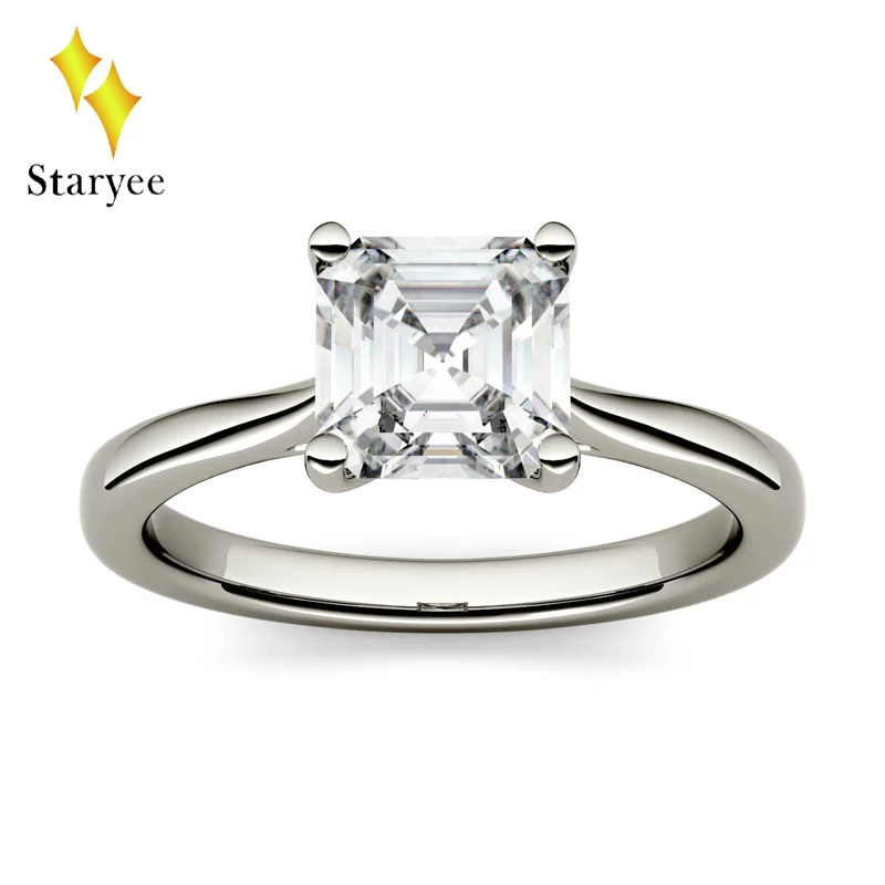 

Test Positive Charles Colvard Moissanite Solitaire Asscher Cut Ring 1.3ct 6.5mm VS DEF 14K White Gold Diamond Jewelry For Women