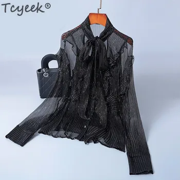 

Tcyeek Perspective Striped Silk Shirt Womens Tops and Blouses Long Sleeve Shirts Spring Summer Black Blouse Blusas 2020 LWL1625
