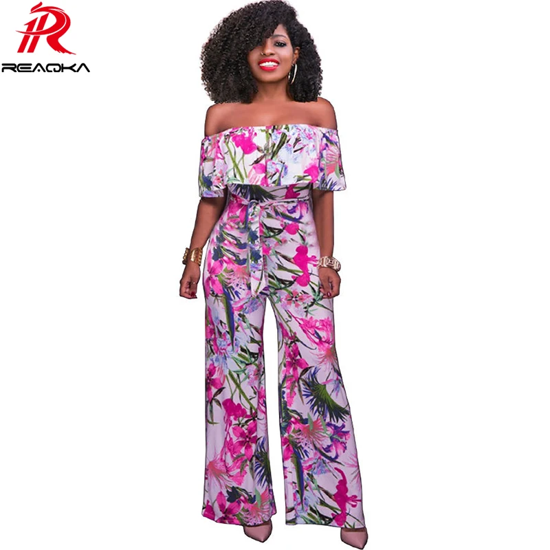 Sexy Floral Print Women Jumpsuit 2017 Elegant Off Shoulder Bodysuit Slash Neck Ruffles Romper Overalls Party Loose Long Playsuit