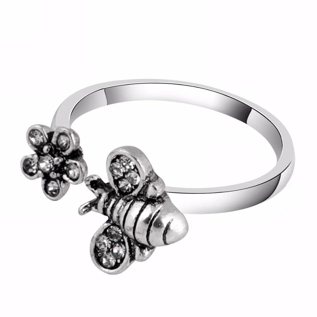 Chic Adjustable Open Ring Sexy Womens Cute Honey Bee And Flower Finger Ring Cool Elegant Jewelry For Women Shellhard