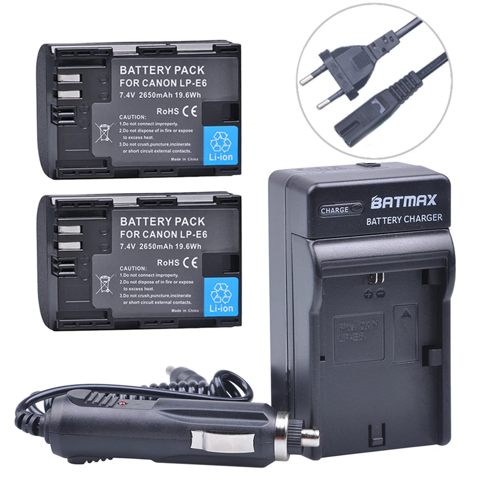 Batmax 2 Pz Lp-E6 Lpe6 Lp E6 Batteria 2650Mah + Caricabatteria Da Auto Digitale Per Canon Eos 5Ds R 5D Mark Ii 5D Mark Iii 6D 7D 80D Fotocamera