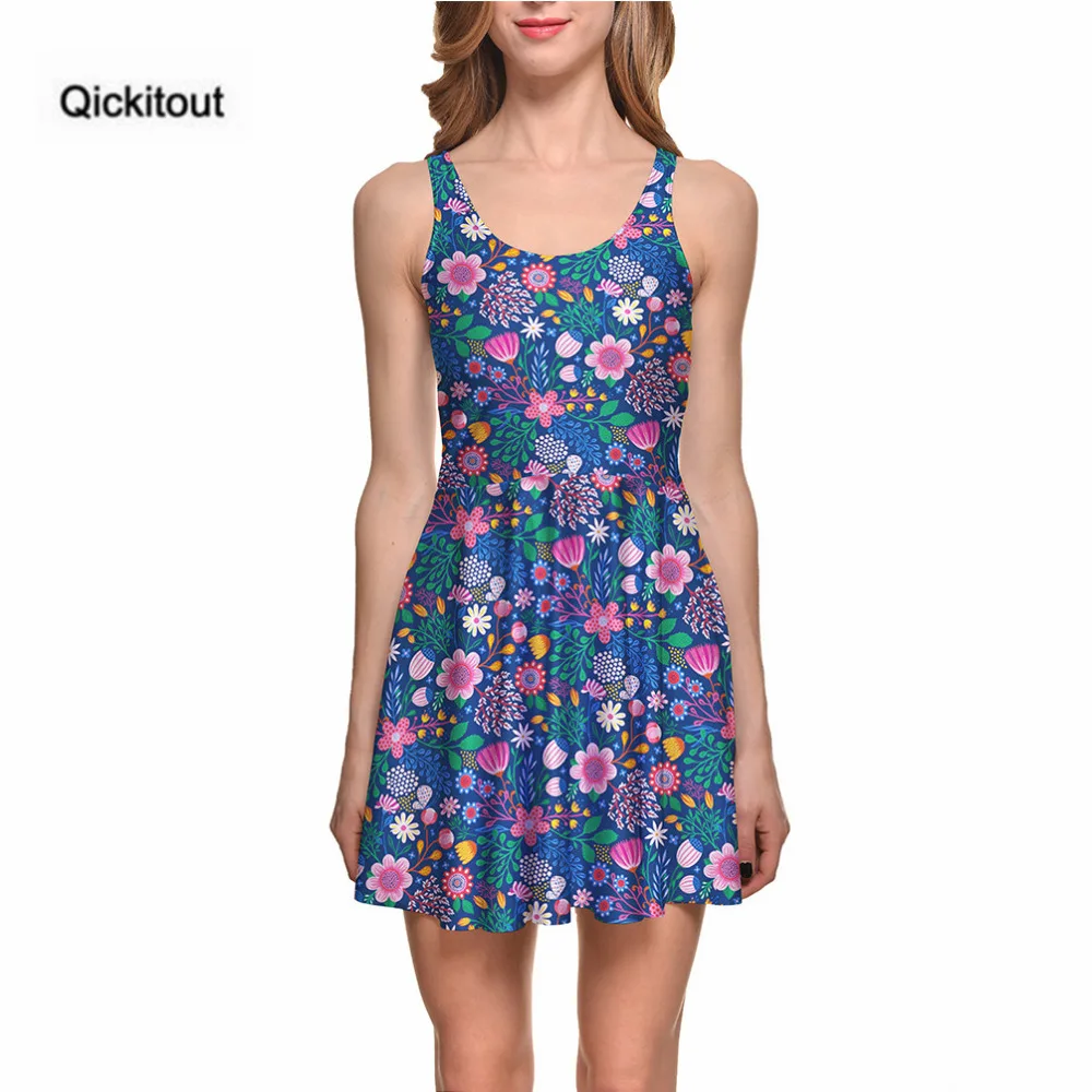 

Qickitout dress Fashion Trending Style Womens Dress Digital Print Colorful flowers Fresh Dress Sleeveless Beach DRESS Vestidos