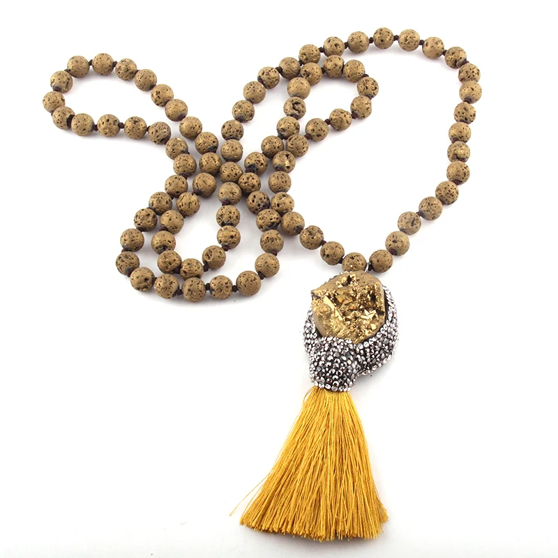 Модное богемное ювелирное изделие, лавовый камень, завязанный камень, натуральная Друза и кисточка, ожерелье с кулоном для женщин, этническое ожерелье
