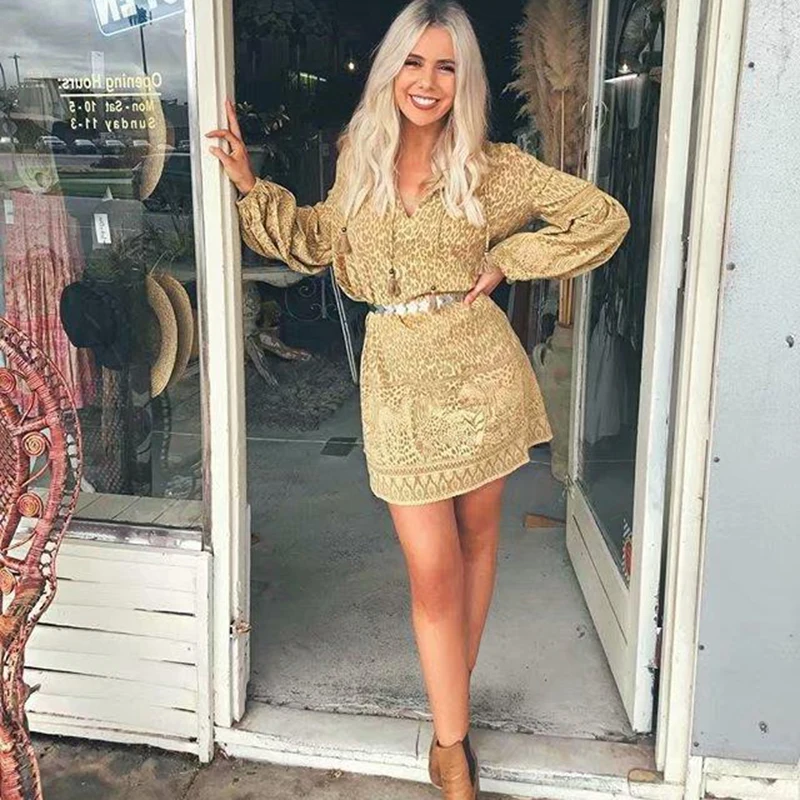 

KHALEE YOSE Loose Leopard Print Mini Dresses Women Long Sleeve V-neck Summer Dresses Boho Gypsy Beach Dress Floral Tunic 2019