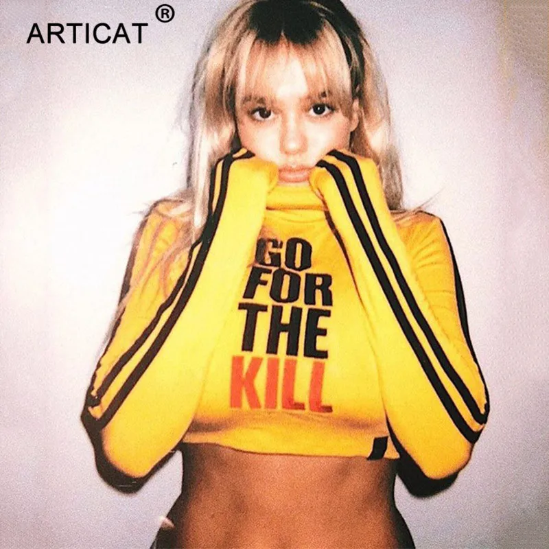

Articat Letter Printed Long Sleeve Crop Top Women T Shirt Turtleneck Striped Autumn Short Sexy Shirts Casual Slim Party Top Tees
