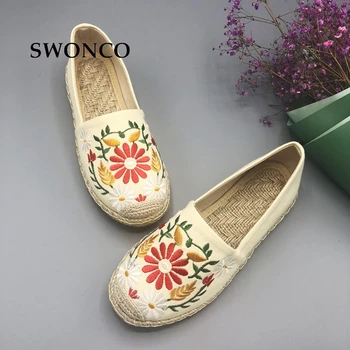 

SWONCO Women's Flats Fisherman Shoe 2018 Spring Hemp Fashion Embroidery Ladies Shoes Casual Shoes Women Breathable Canvas Shoe
