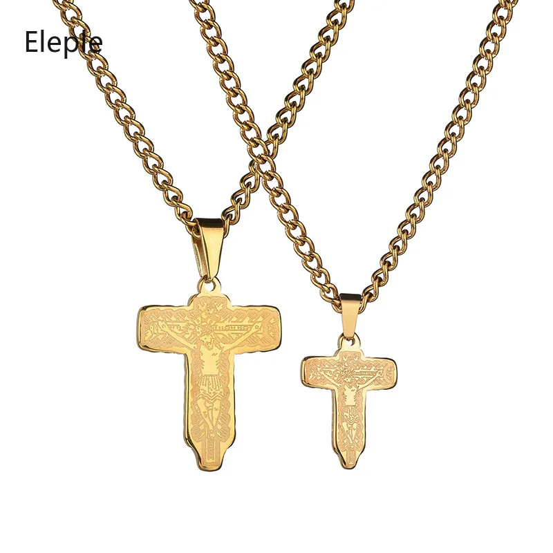 

Eleple Religious Titanium Steel Cross Jesus Scripture Carved Pendant Necklaces for Women Large/Small Size Jewelry S-N353