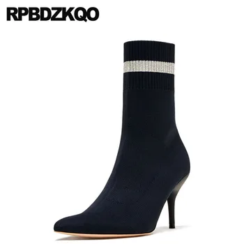 

Slip On Pointed Toe Luxury Brand Shoes Women Autumn Short Boots Black Fashion Ankle Lycra Stretch Fall 2018 Stiletto High Heel