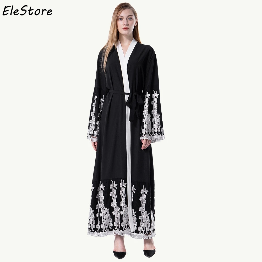 

2018 Abaya Muslim Dress Dubai Abayas for Women Islamic Fashion Long Sleeve Lace Islam Black Clothing Turkish Malaysia Open Abaya