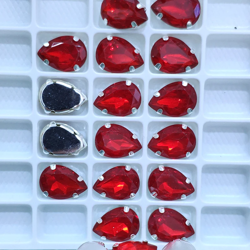 

48pcs 10x14mm teardrop with silver claw fitting red opal pointback resin rhinestone with clips drop loose casing sew on beads