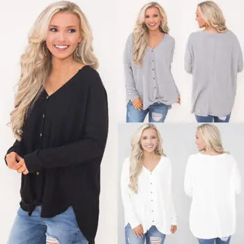 

US Loose Women Knit Long Sleeve Button Top Tops Shirt Blouse Coat Jacket Casual