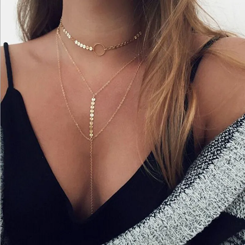 

LUBOV Multilayer Metal Sequin Strip Pendant Necklaces for Women Gold Silver Color Clavicle Short Necklace Simple Design Jewelry
