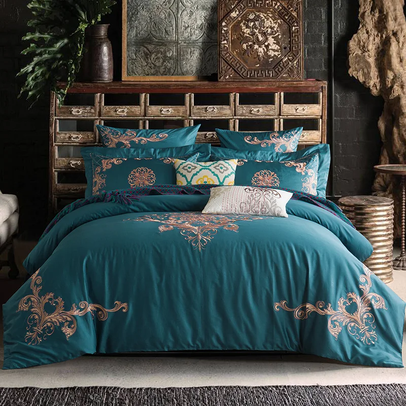 

100% Cotton bed linen set quilts and bedding sets Bed Sheet with Pillowcases European Flower 4pcs Blue soft and comfortable