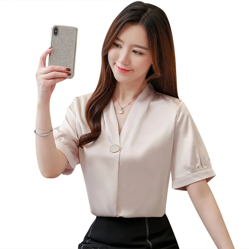 Korean Fashion Silk Women Blouses Satin Short Sleeve White Women Shirts Plus Size XXL Blusas Femininas Elegante Ladies Tops - 33039125859