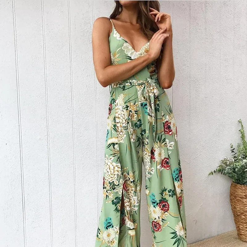 Women's New Sexy V-neck Print Strapless Long Paragraph Split Women's Jumpsuit Cool Summer Women's Clothing 0509