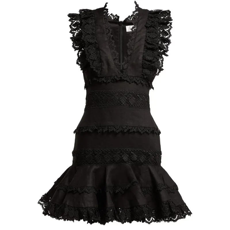 

Australia Designer Brand Lace Dress for Women V Neck Sleeveless Hollow Out Lace splice Ruffle Mermaid Dress Black White