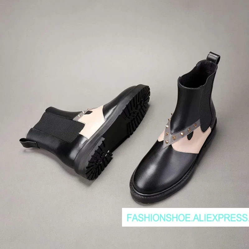 

2018 New Autumn Winter Shoes Woman Casual Ankle Boots Cow Leather Chelsea Boots Design Rivets Woman Med Heels Casaul Boots Tide