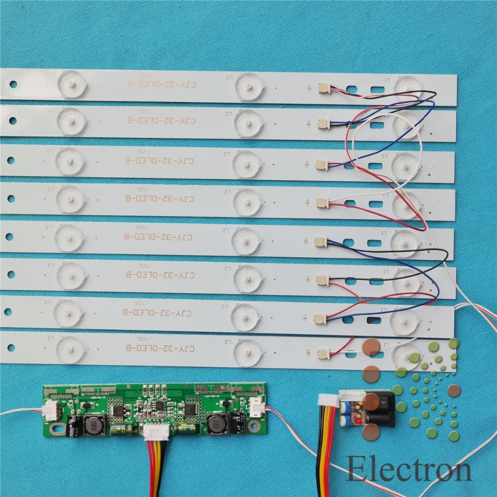 8 шт. 615 мм светодио дный Подсветка лампы Комплект Алюминий доска w/оптические линзы Fliter для 32 inch ТВ монитор + Драйвер платы + DC 12 В мини-тестер