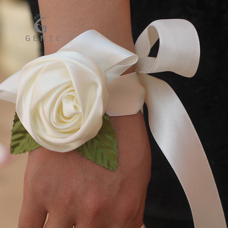 Image Genie 12pcs Ivory Artificial Silk Rose Wedding Decoration Wrist Corsage Hand Ribbon Flowers Bride Bridesmaids Prom Boutonniere