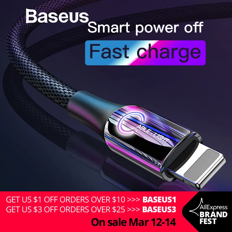 

Baseus Smart Power Off USB Cable for iPhone XR Xs Max 11 Pro 8Plus 2.4A Fast Charging USB Charger Cable for iPhone LED Data Wire