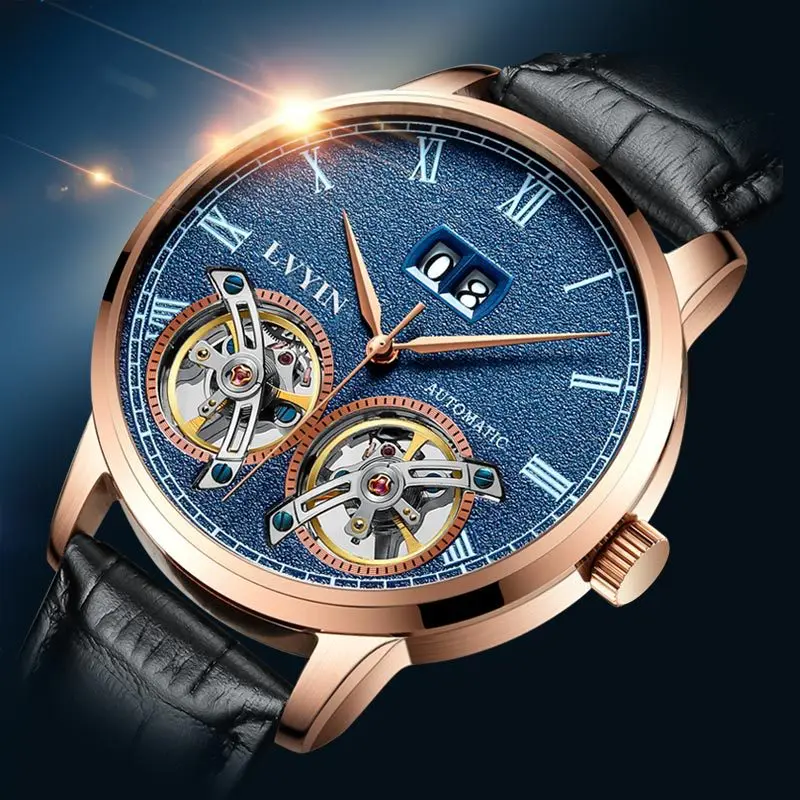 

mens wristwatch Automatic mechanical luxury lvyin brand man watches waterproof leather calendar Tourbillon men's clocks