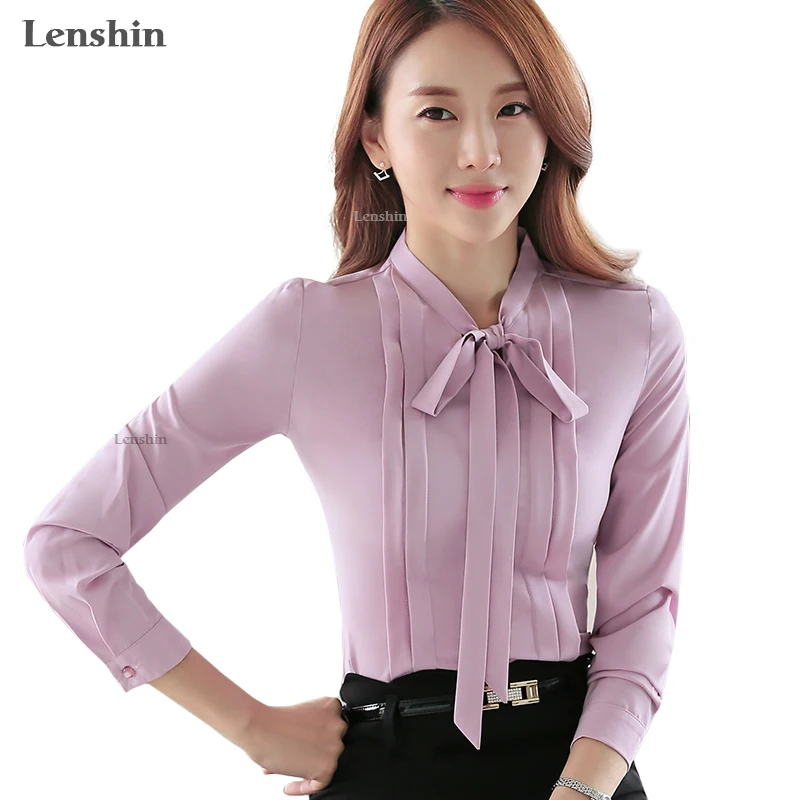 

Lenshin Fashion female elegant bow tie Black blouse ruffled shirt Autumn office Lady work wear long sleeve top