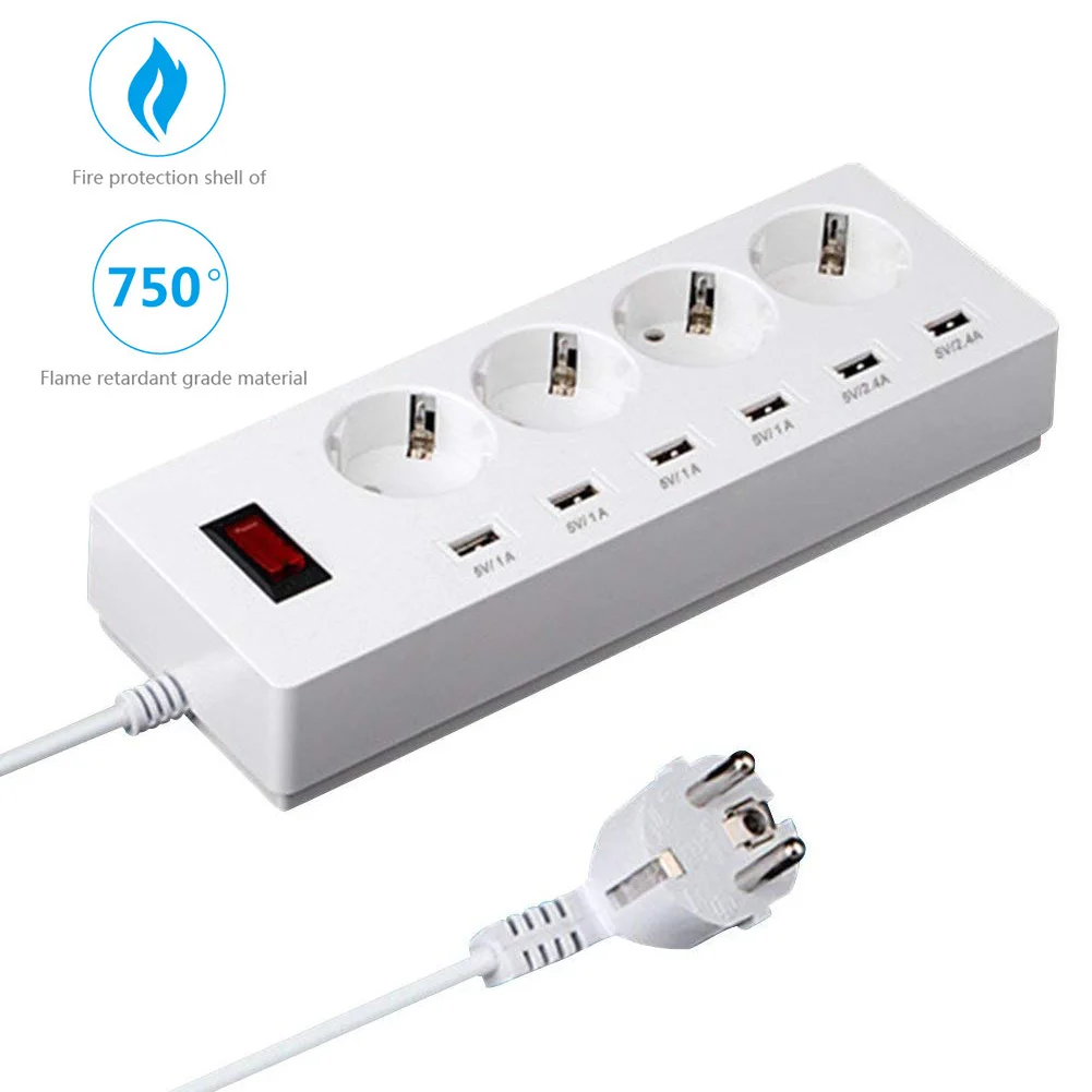 

Convenient USB Power Strip Socket Home Office Surge Protector 6 USB Charger 4 AC Plug Multi-Outlet EU Plug HY99 JY23