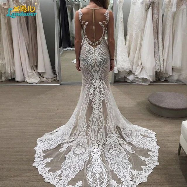 Sexy See Through Back Mermaid Wedding Dresses Scoop Lace Appliqued ...