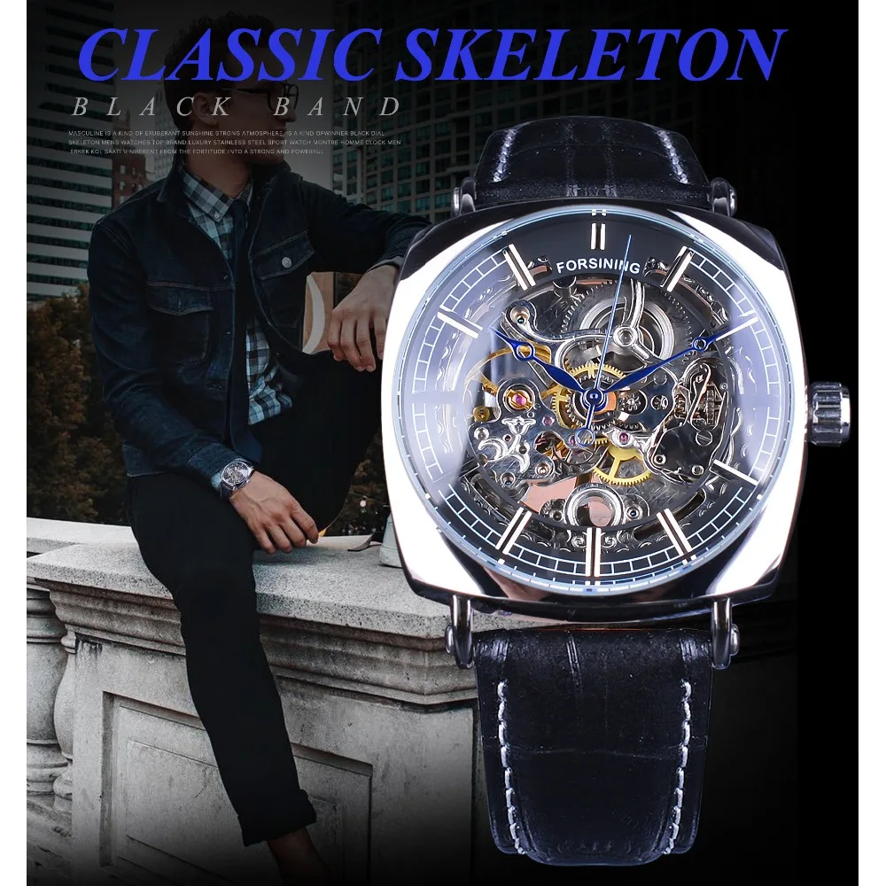 Forsining الأزياء 2018 تصميم أسود الفضة الهيكل العظمي حزام جلد مربع الهاتفي الرجال الميكانيكية ساعات أوتوماتيكية أعلى العلامة التجارية الفاخرة Forsining الأزياء 2018 تصميم أسود الفضة الهيكل العظمي حزام جلد مربع الهاتفي الرجال الميكانيكية ساعات أوتوماتيكية أعلى العلامة التجارية الفاخرة