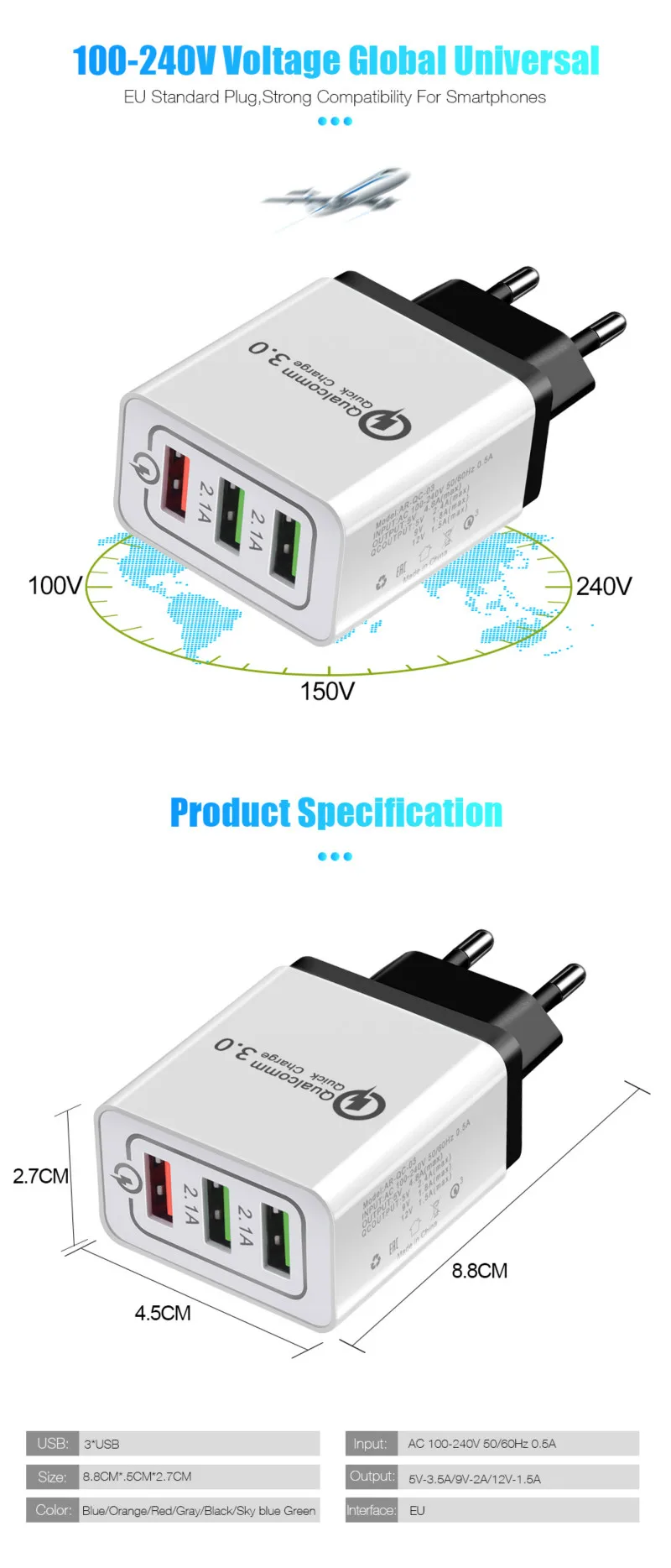 Быстрая зарядка 3,0 Usb зарядное устройство 3 порта USB qc3.0 настенное зарядное устройство us eu зарядное устройство Быстрая зарядка для iphone huawei samsung s9 зарядное устройство