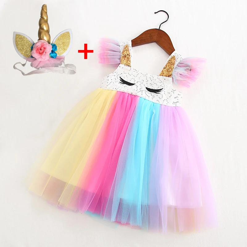 

Ins Girls Unicorn Dress + Headband Rainbow Tutu Dress Sequins Princess Dress Kids Frocks Unicornio Party Dress Elegant Clothes