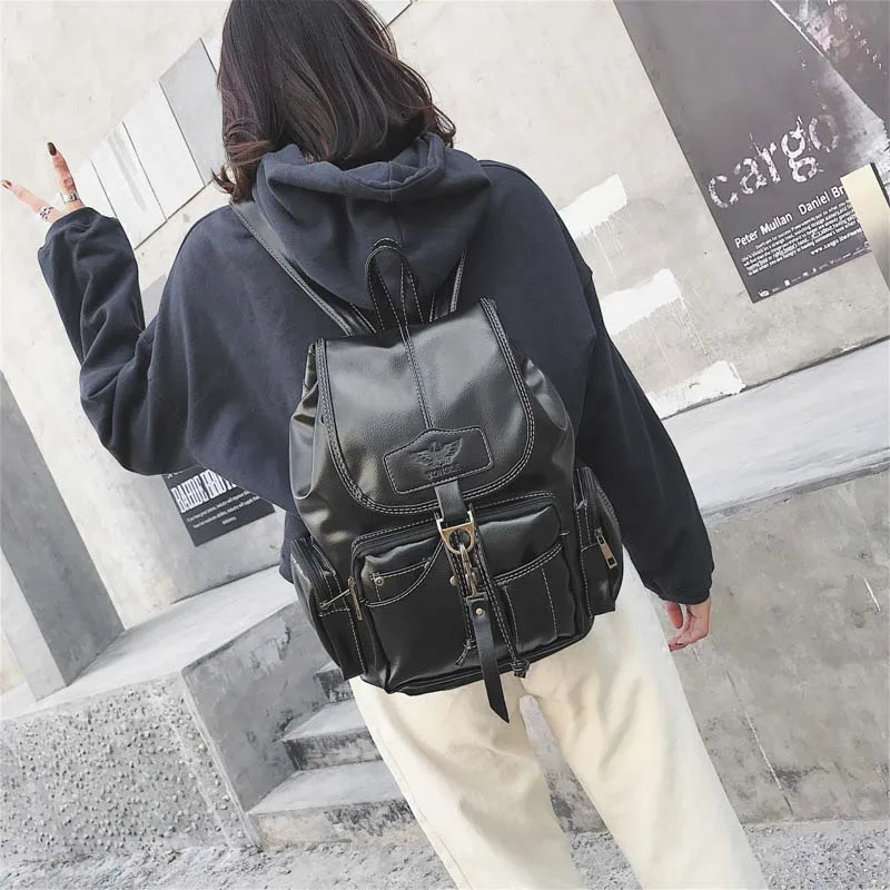 2019 Vintage Women Backpack For Teenage Girls School Bags Fashion Backpacks Retro Leather Black Drawstring Large BagPack XA150H