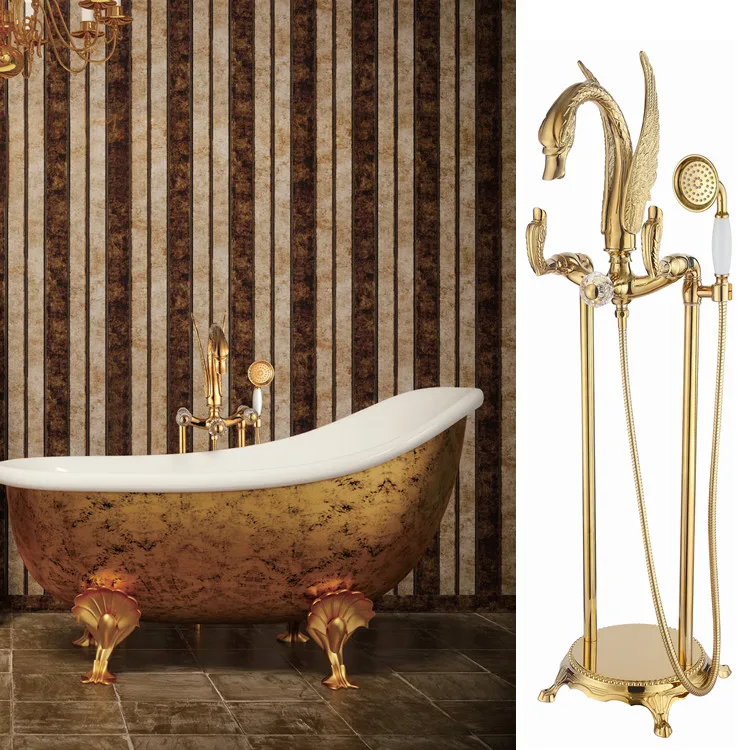 Antique Floor Standing Gold Finish Pvd Swan Bath Shower Bathtub Faucet With Hand Shower Crystal Handles Or Swan Handles Floor Stand Floor Bathtub Faucetfloor Faucet Aliexpress