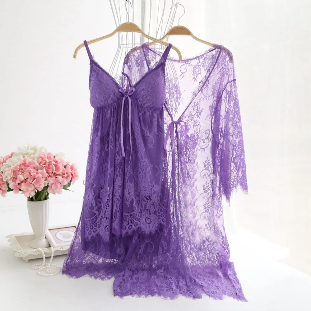 Атласное кимоно slip Набор Babydoll Sheer ночь платье пижамы женские пикантные черного золота Кружево Toursers белье Пижама