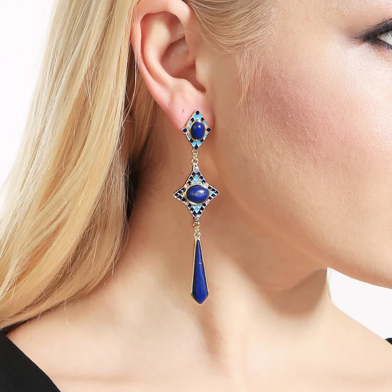 

Bohemia Blue Oval Teardrop Synthetic Stone Geometric Enamel Grid Drop Earrings Dangling Ear Piercing Earrings Accessories