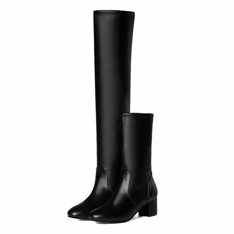 KemeKiss Для женщин квадратный каблук Сапоги выше колена женские новые брендовые рыцарские сапоги с круглым носком высокое качество Botas
