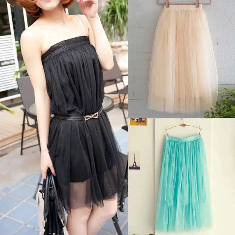Women Multi Layers Pleated Long Tulle Skirt Straight Solid Mesh Elastic Waist Skirts 2 Wearing Ways KNG88