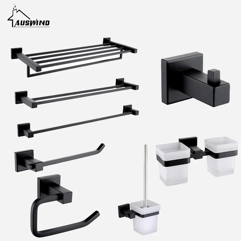 

Modern 304 Stainless Steel Bathroom Accessories Sets Black Paint Towel Shelf Towel Bar Paper Holder Triangle Basket