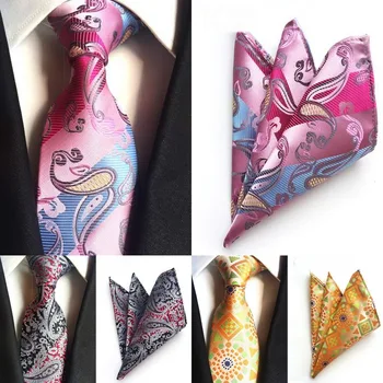 

SKng New Arrive Pink Purple Mens Ties Paisley Tie Hanky Sets Men's Ties Neckties Pocket Square 100% Silk Jacquard Woven