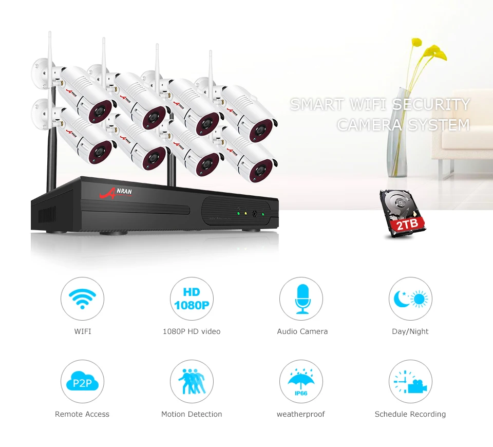 ANRAN CCTV P2P подключи и играй 8CH Wifi NVR 36IR наружная пуля 1080P видео аудио IP Беспроводная камера система безопасности жесткий диск