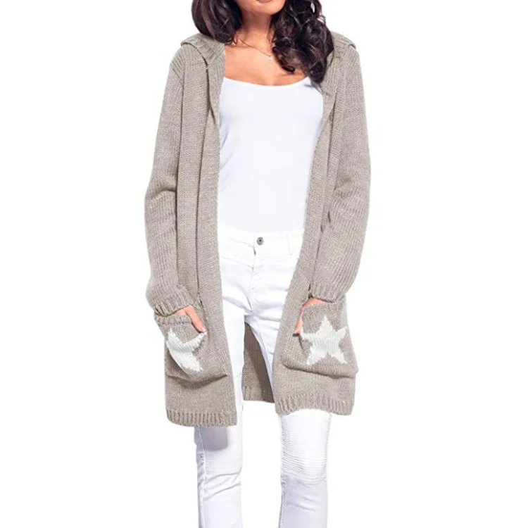 LOGAMI свитера с капюшоном пальто женские длинные звезды дизайн карманы кардиган свитера Новая мода