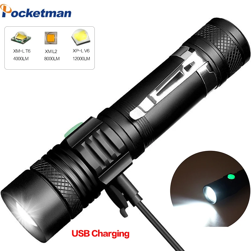 

12000 Lums Super Bright LED Flashlight USB Charging T6/L2/V6 led torch Power Tips Bicycle Light Rechargeable Use 18650 battery