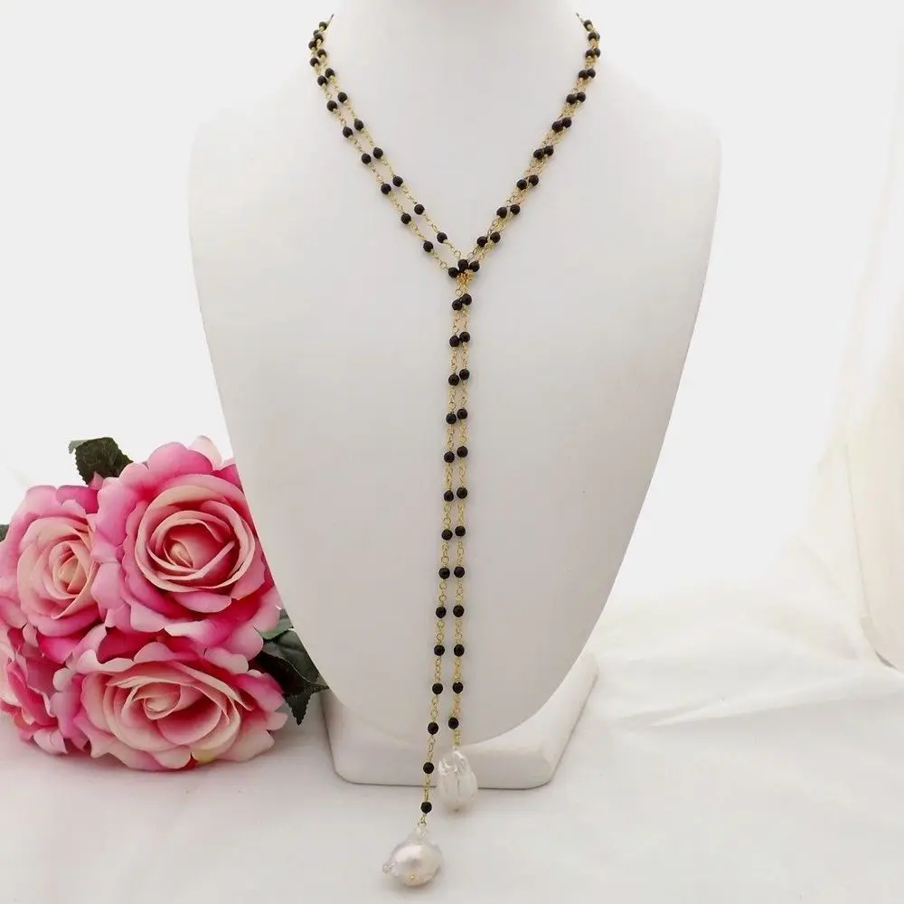 

GE091201 52'' White Keshi Pearl Onyx Long Necklace