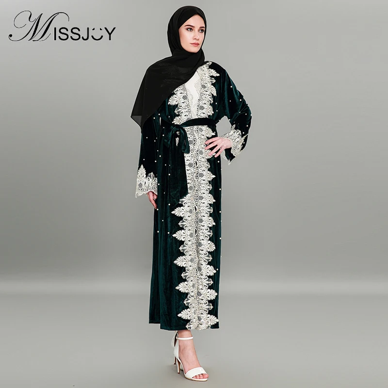 

MISSJOY Fashion Kaftan Dubai Velvet Abaya Muslim Dress Women Cardigan Beaded Robe Loose Lace Stitching 4XL Arabic Dresses 2018