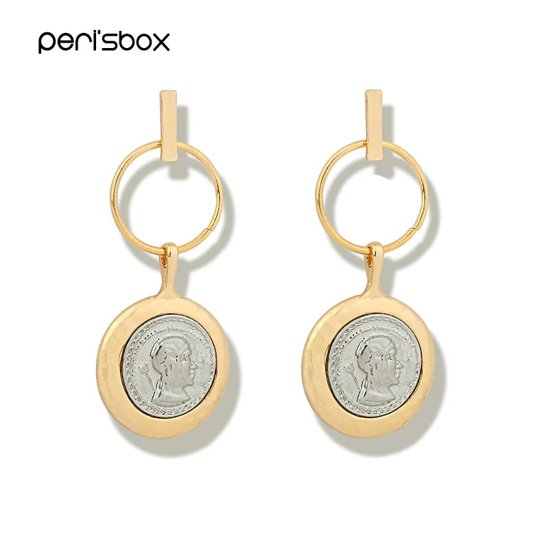 

Peri'sBox Gold Sliver Color Portrait Coin Earrings for Women Minimalist Hanging Hoop Earrings Geometric Long Earrings Statement