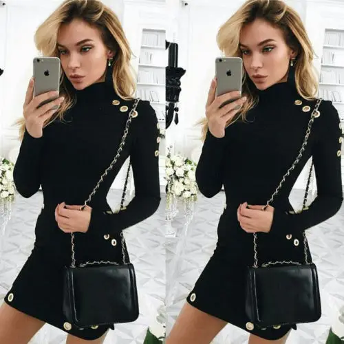 

Women Sexy Black Bodycon Long Sleeve Casual Party Mini Dress