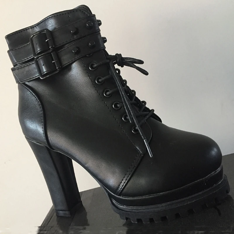 

Autumn Spring Womens Ankle Boots Casual High Heels Motorcycle Boot Lace Up Shoes Lady Heel 10cm aa0502