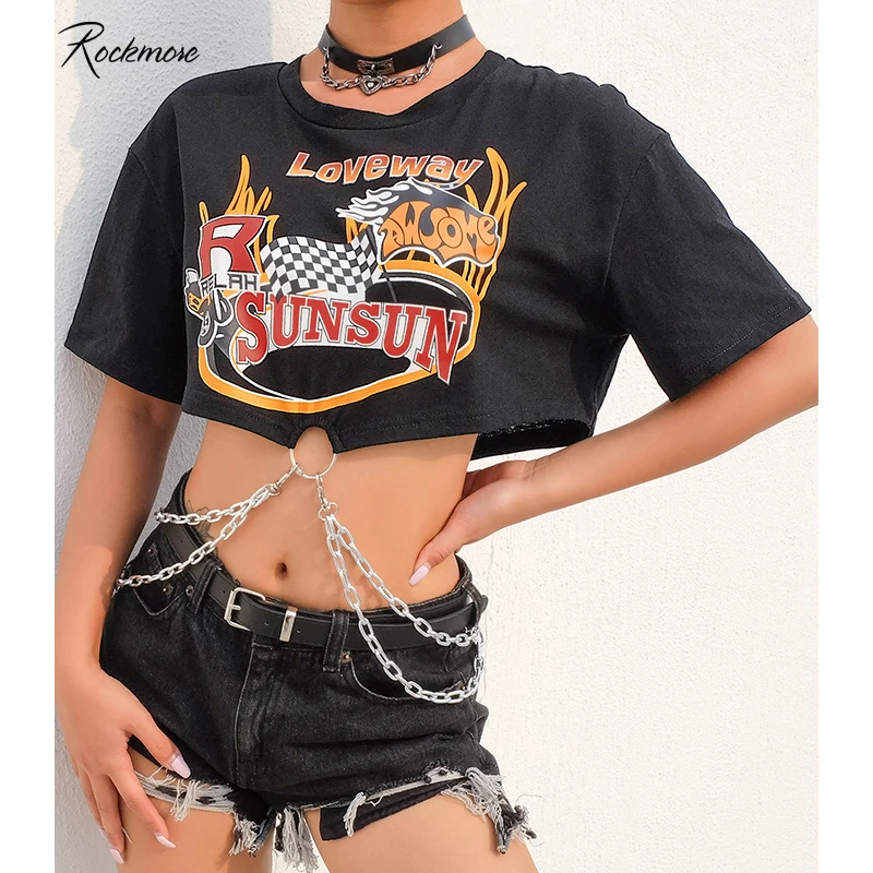 

Rockmore Gothic Cotton Iron Ring Chain T-Shirt Women Loose Punk Style Letter Printed T Shirts Streetwear Short Sleeve Tops Tees